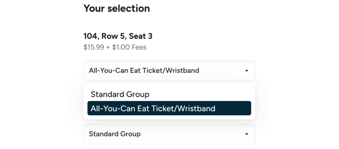 Ticket dropdown showing Standard Group and All-You-Can-Eat options